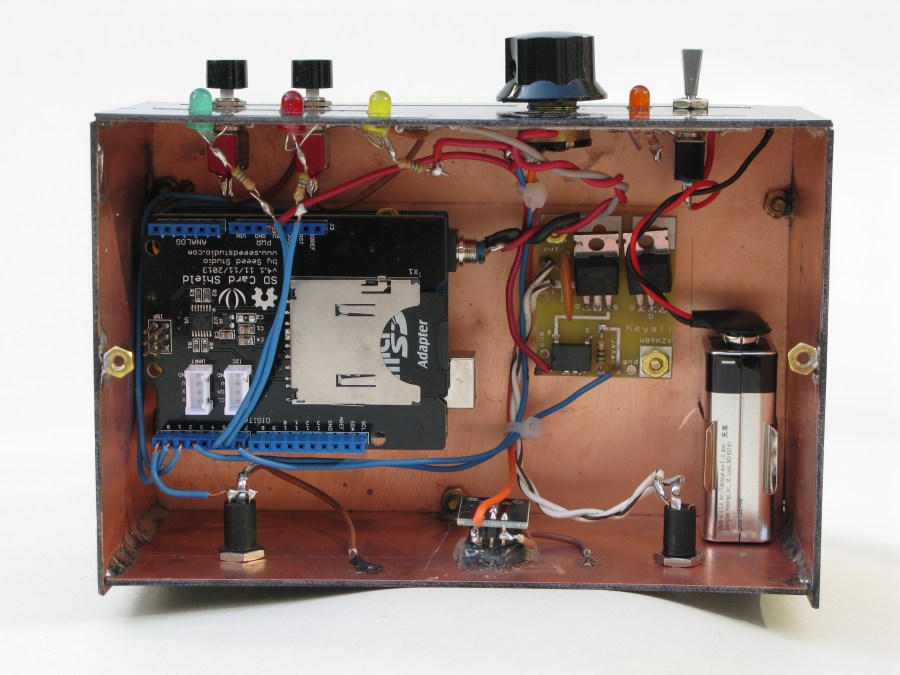 DFR under the hood (arduino stack on left, keying circuit on right)
